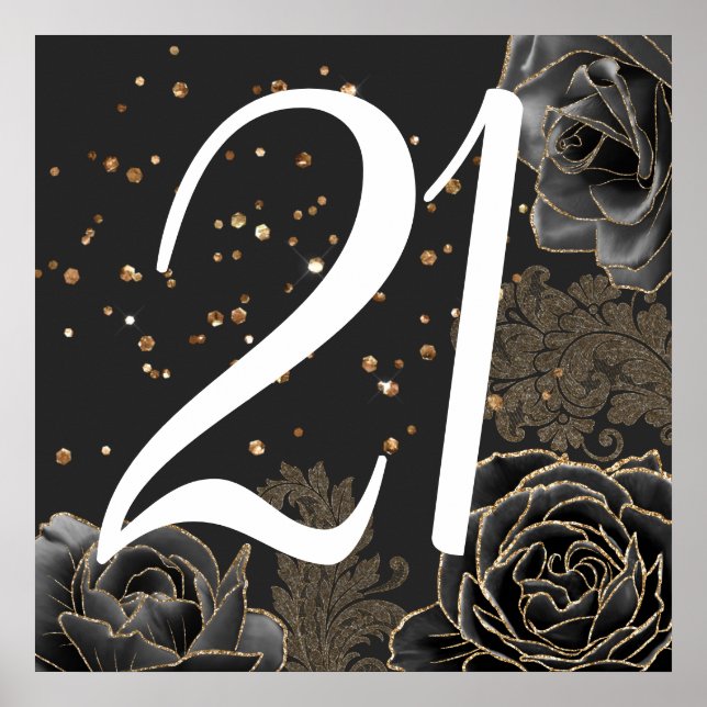 Poster Elegante aniversário de 21 anos Dourado preto (Frente)