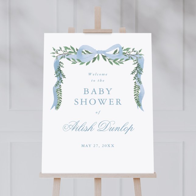 Poster Elegante Arco azul verde Chá de fraldas (Elegant blue bow baby shower welcome poster. Available as a  printed poster or an instant download. )