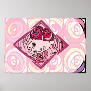 Pôster Elegante Art Nouveau Rosa Mulher