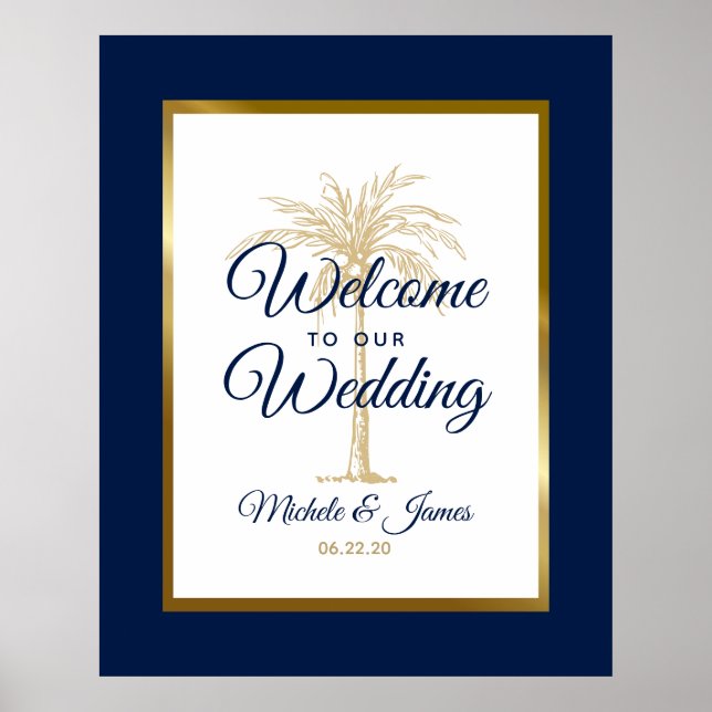Poster Elegante Árvore de Palmeira em Azul Naval e Dourad (Frente)