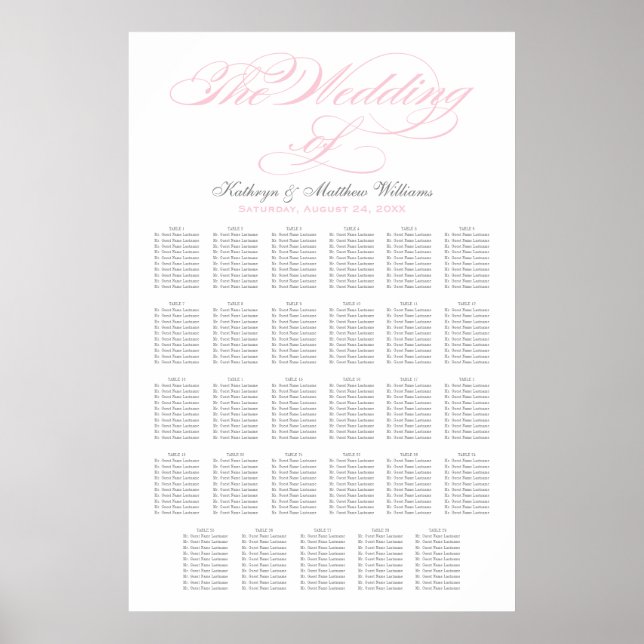 Poster Elegante Assento de Casamento com Caligrafia Rosa (Frente)