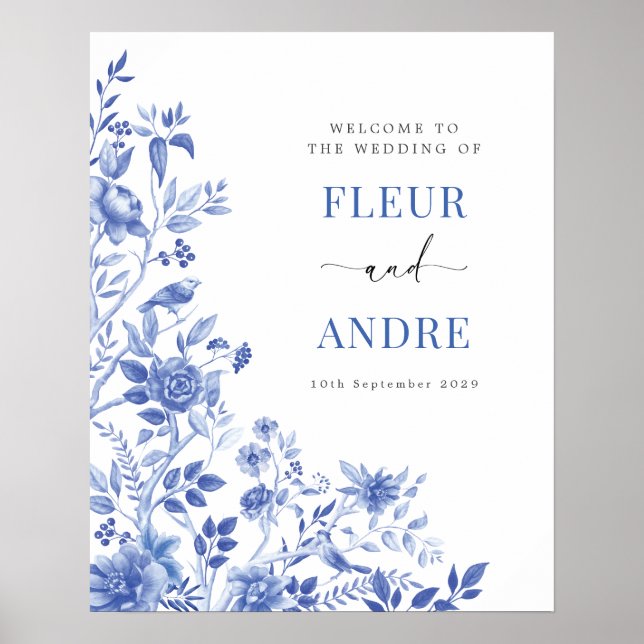 Poster Elegante Azul Branco Casamento Chinesice Bem-Vindo (Frente)