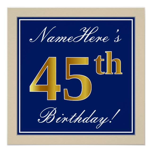 Pôster Elegante, Azul, Faux Dourado 45º Aniversário + Nom (Frente)