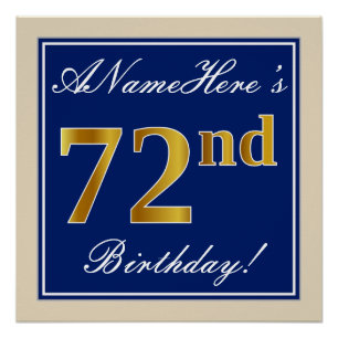 Pôster Elegante, Azul, Faux Dourado 72º Aniversário + Nom