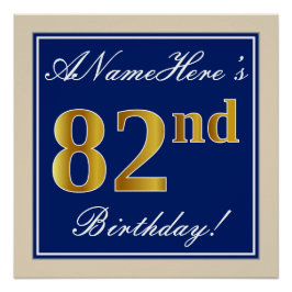 Pôster Elegante, Azul, Faux Dourado 82º Aniversário + Nom