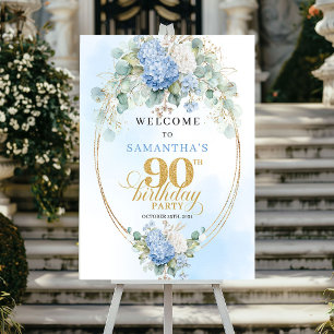 Poster Elegante Azul Pastel Floral Dourado Bem-vindo 90º