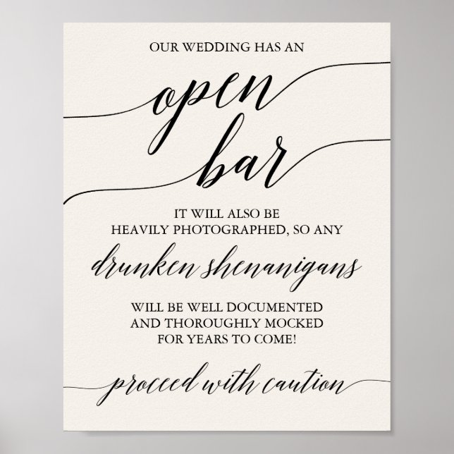 Poster Elegante Bar Aberto do Creme de Caligrafia Negra (Frente)