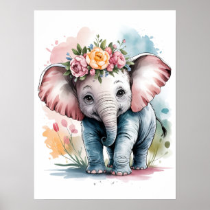 Poster Elegante Bebê Elefante com Coroa Floral