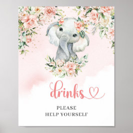 Poster Elegante bebê elefante da selva com drinks rosa e 