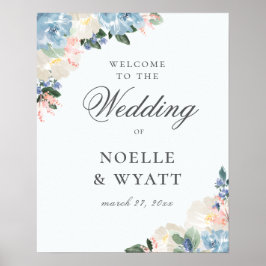 Poster Elegante Bem-Vindo de Casamento Botânico Azul Clar