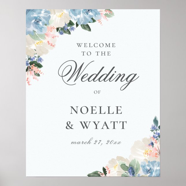 Poster Elegante Bem-Vindo de Casamento Botânico Azul Clar (Frente)
