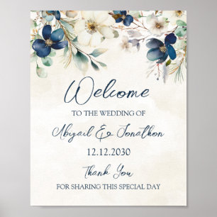 Poster Elegante Bem-Vindo de Casamento Floral Azul de Inv