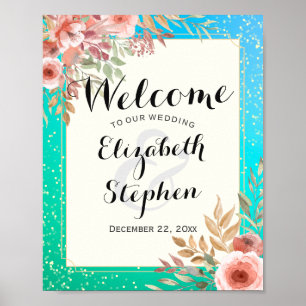 Poster Elegante Bem-Vindo de Casamento Flores Rosa Pontos