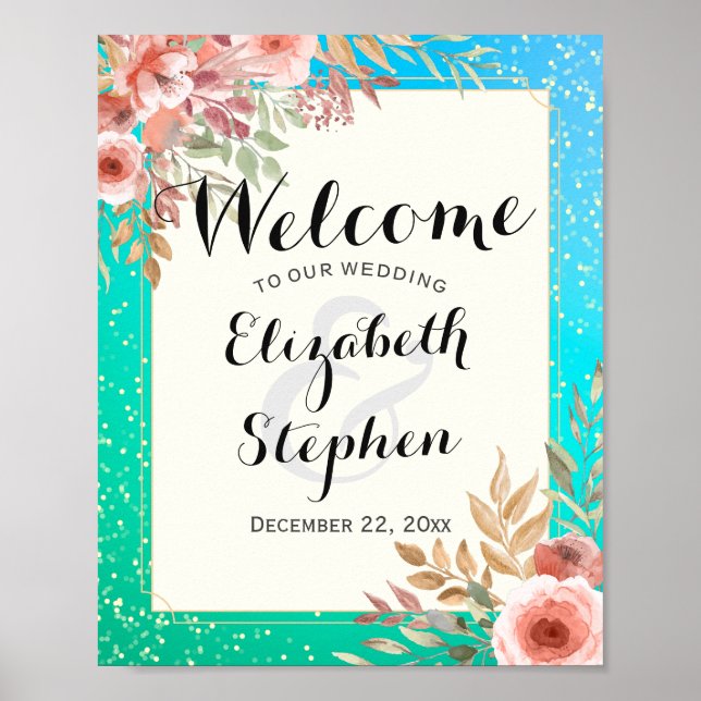 Poster Elegante Bem-Vindo de Casamento Flores Rosa Pontos (Frente)