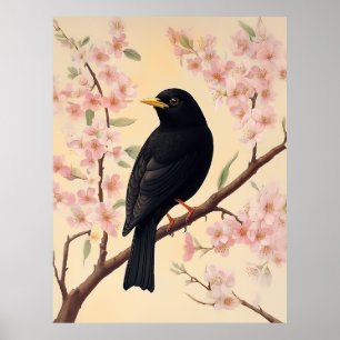 Poster Elegante Blackbird em Blossoms