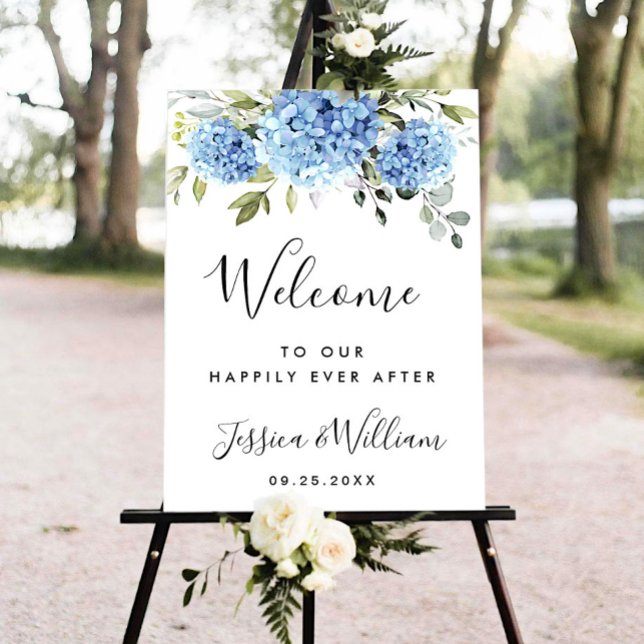 Poster Elegante Blue Hydrangea Eucalyptus Wedding Bem-vin (Criador carregado)