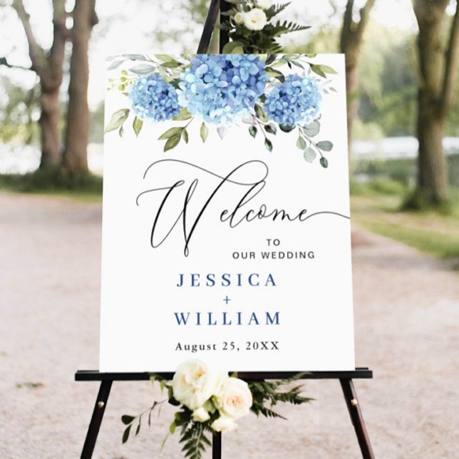 Poster Elegante Blue Hydrangea Eucalyptus Wedding Bem-vin (Criador carregado)