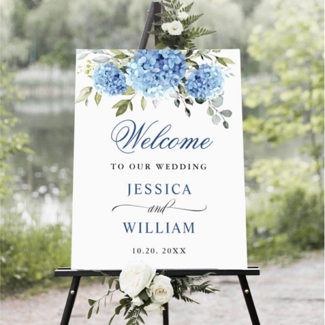 Poster Elegante Blue Hydrangea Eucalyptus Wedding Bem-vin (Criador carregado)