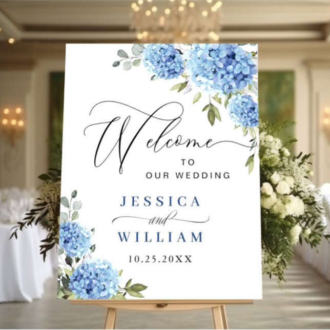 Poster Elegante Blue Hydrangea Eucalyptus Wedding Bem-vin (Criador carregado)