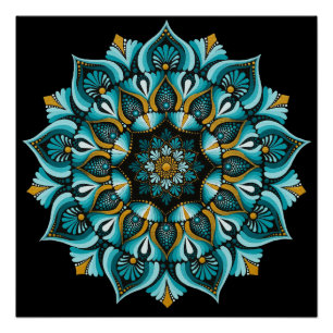Pôster Elegante Blue Mandala Sacred Geometry Boho Zen