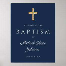 Poster Elegante Blue Religião Cross Boy Baptism Bem-vindo