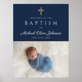Poster Elegante Blue Religião Cross Boy Baptism Bem-vindo