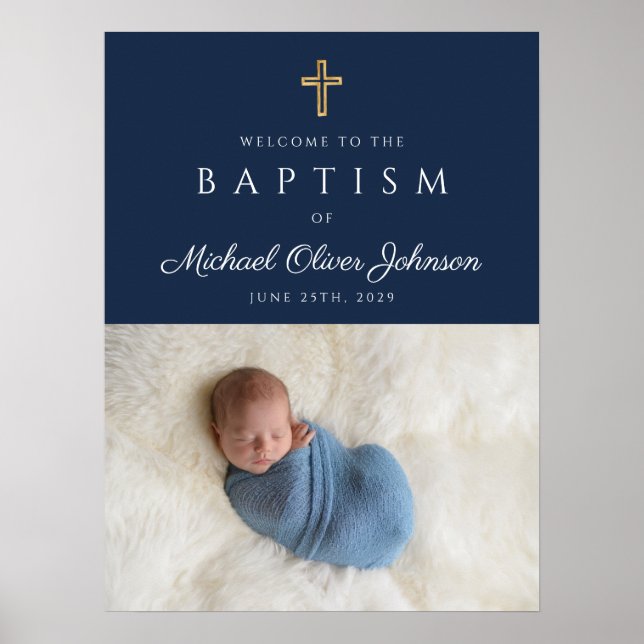 Poster Elegante Blue Religião Cross Boy Baptism Bem-vindo (Frente)