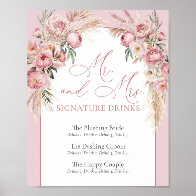 Poster Elegante blush peonies pampas boho arch Assinatura (Frente)