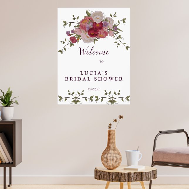 Poster Elegante Boas-Vindas de Chá de Noiva Floral Burgun (Sala de Estar 3)
