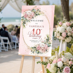 Poster Elegante Boho Rosa Bege Verde 40º Aniversário