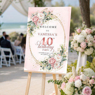 Poster Elegante Boho Rosa Floral 40 Aniversário Bem-vindo