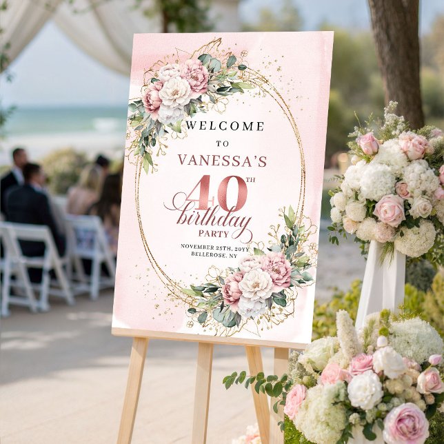 Poster Elegante Boho Rosa Flores 40º Aniversário Bem-Vind (Elegant Boho Blush Pink Floral 40th Birthday Welcome)