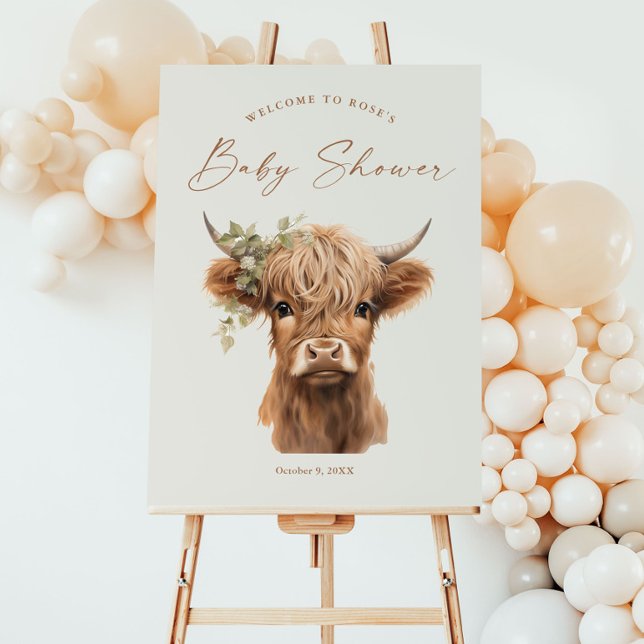 Poster Elegante Boho Vaca das Terras Altas Chamada de Beb (Boho Highland Cow Script Baby Shower Welcome Sign.)