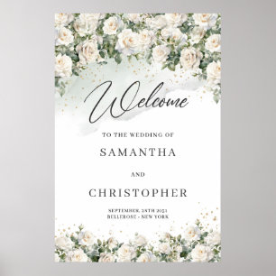 Poster Elegante Boho White Roses Floral Garden verde