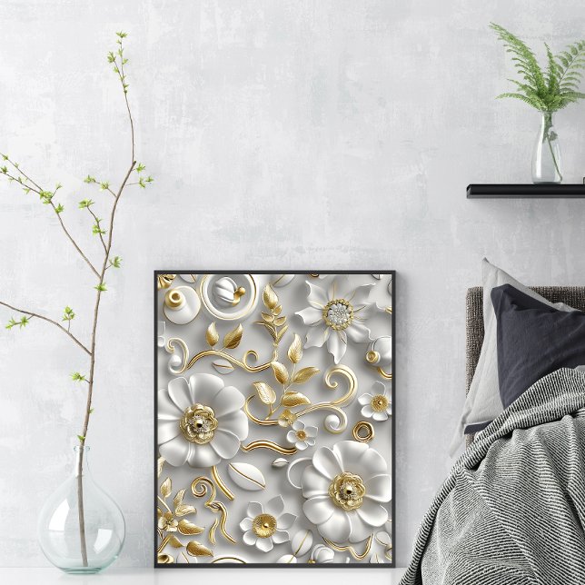 Poster Elegante, branco e Dourada Arte Floral 3D (Criador carregado)