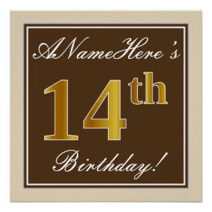 Pôster Elegante, Brown, Faux Dourada 14 Birthday + Nome
