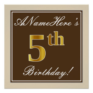 Pôster Elegante, Brown, Faux Dourada 5 Birthday + Nome