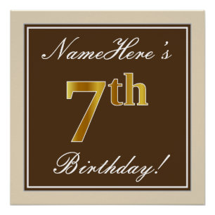 Pôster Elegante, Brown, Faux Dourada 7 Birthday + Nome