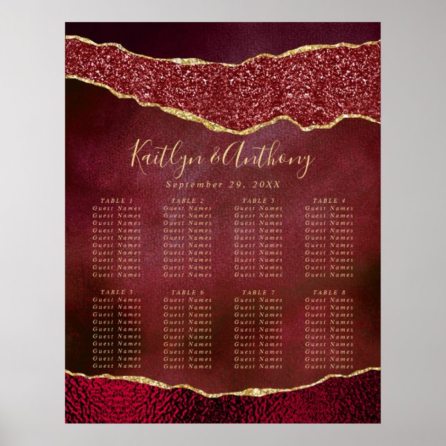 Poster Elegante Burgundy e Dourado Plano de Casamento Aga (Frente)