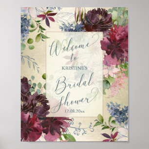 Poster Elegante Burgundy Floral Chá de panela Bem-vindo