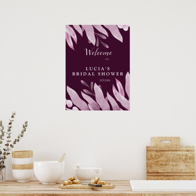 Poster Elegante Burgundy Grandes Folhas Chuveiro de Noiva (Cozinha)
