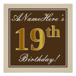 Pôster Elegante, Castanho, Faux Dourado 19º Aniversário +