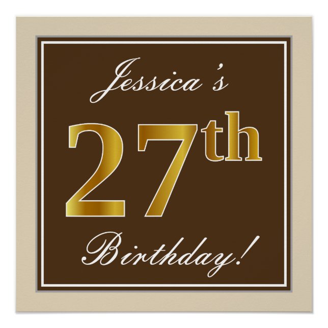 Pôster Elegante, Castanho, Faux Dourado 27º Aniversário + (Frente)