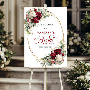 Poster Elegante Chá de Bebê Boho com Flores Burgundy Bem-