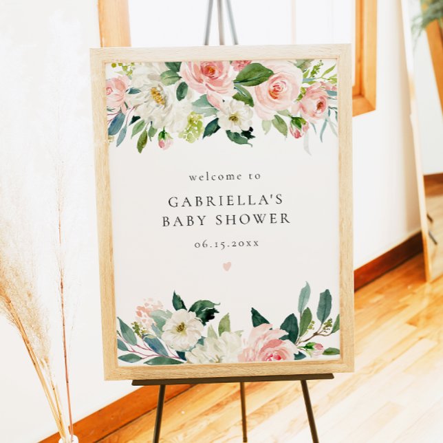 Poster Elegante Chá de fraldas de Menina Floral Rosa-Rosa (Criador carregado)