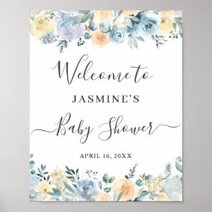 Poster Elegante Chic Vanilla Blue Floral Chá de fraldas S