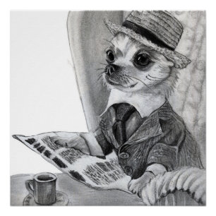 Pôster Elegante chihuahua lendo jornal