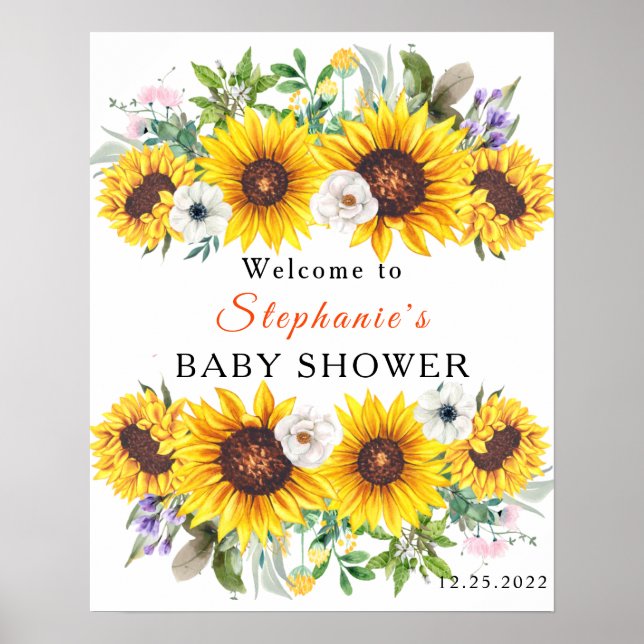 Poster Elegante Chuva de Bebê Amarelo Girassol Flor (Frente)
