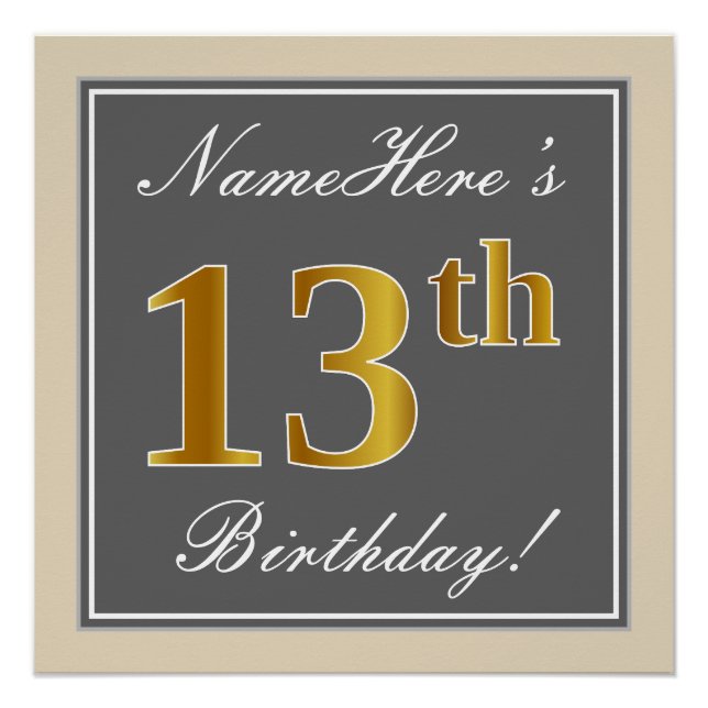 Pôster Elegante, Cinza, Faux Dourada 13 Aniversário + Nom (Frente)