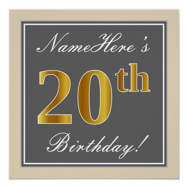 Pôster Elegante, Cinza, Faux Dourada 20 Aniversário + Nom (Frente)